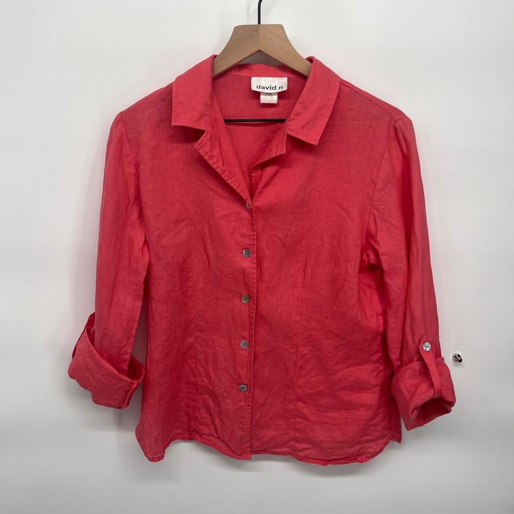 Vintage David N 100% Linen Size Small Womens Button Shirt Roll Tab Sleeves Coral